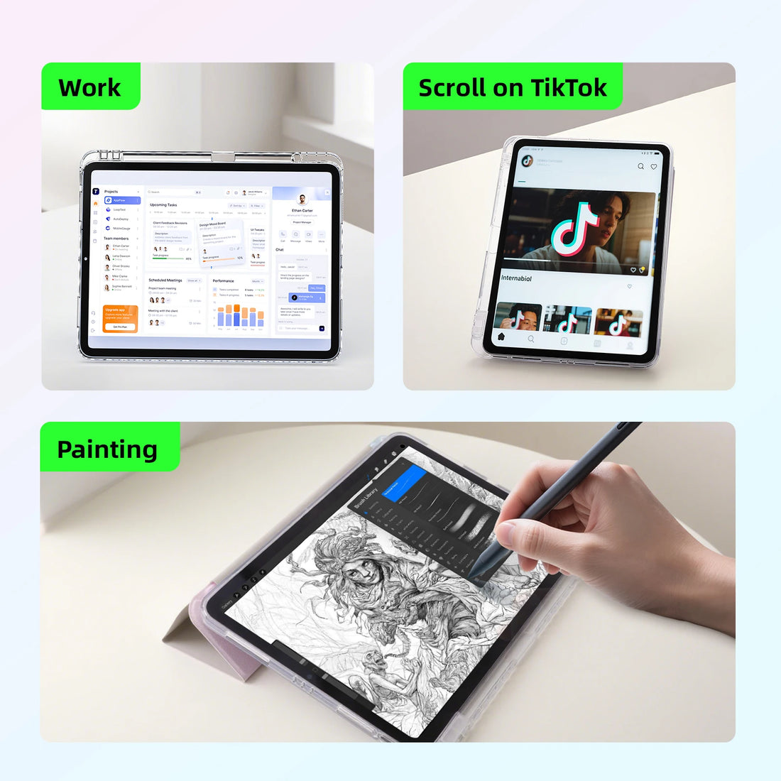 Tablet device used for work, scrolling on TikTok, and painting.