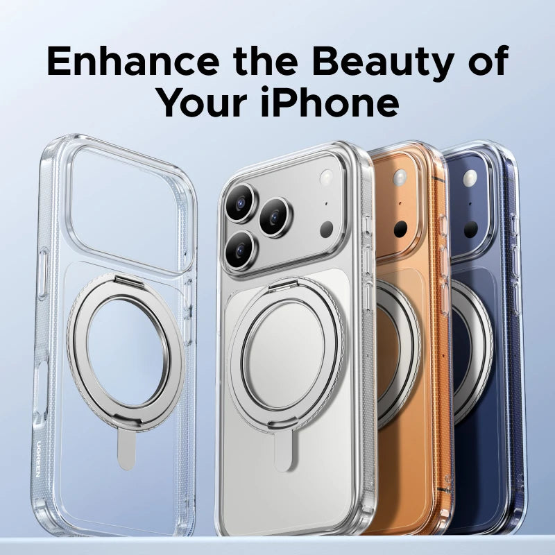 Phone cases with ring holders on a light blue background, text 'Enhance the Beauty of Your iPhone'.