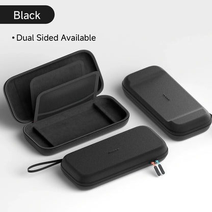 Black hard-shell carrying case with dual-sided design on a light gray background