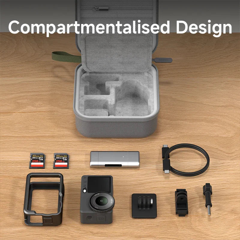 Gray compartmentalized design case with camera and accessories on a wooden surface