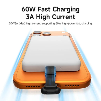 Orange phone case with a charging cable on a white background, featuring text about fast charging capabilities.