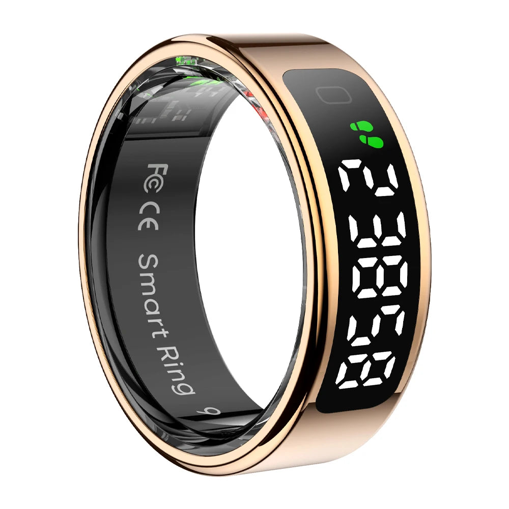 Smart ring with digital display on a white background