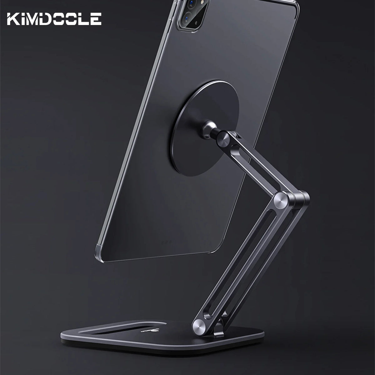 Black phone stand with adjustable arm on a dark background, featuring the Kimdoole brand.