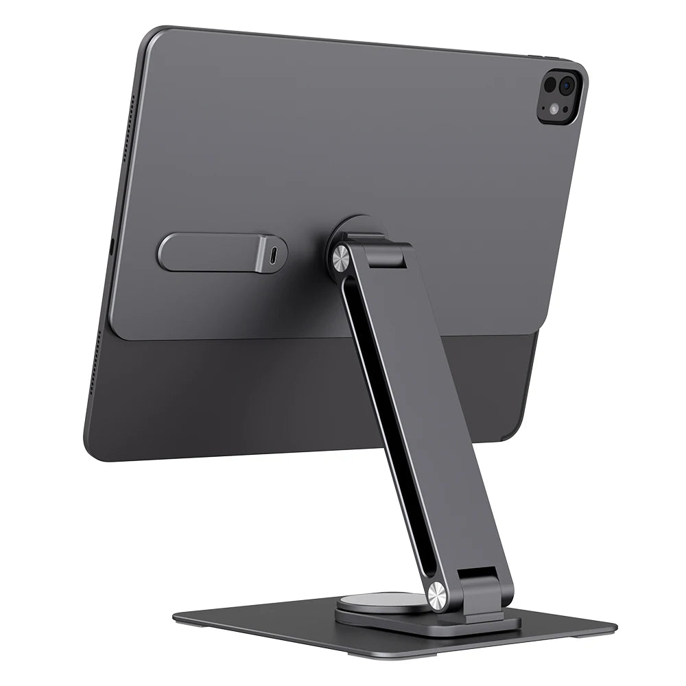 Black tablet stand holding a tablet on a white background