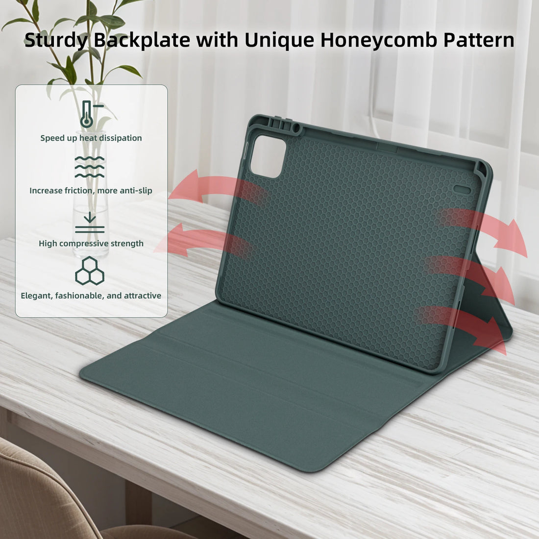 Green tablet case with honeycomb pattern on a desk, featuring text about its features.
