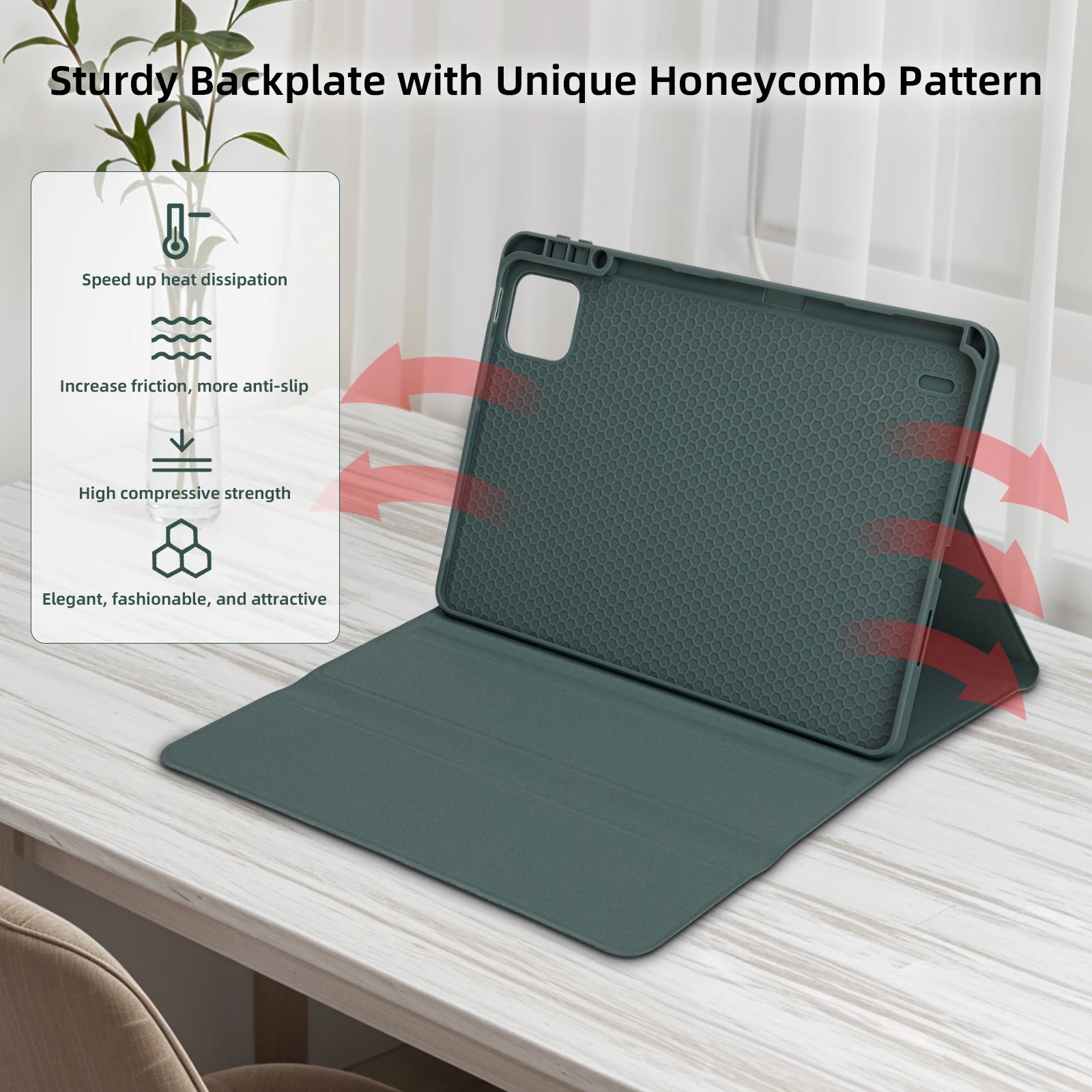 Green tablet case with honeycomb pattern on a desk, featuring text about its features.