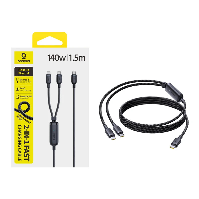 Baseus 2-in-1 fast charging cable with packaging on a white background