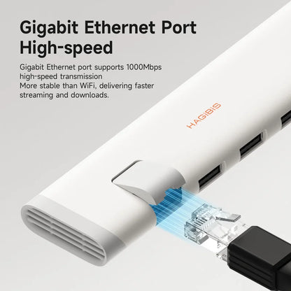 Gigabit Ethernet port with HAGIBIS branding on a gray background