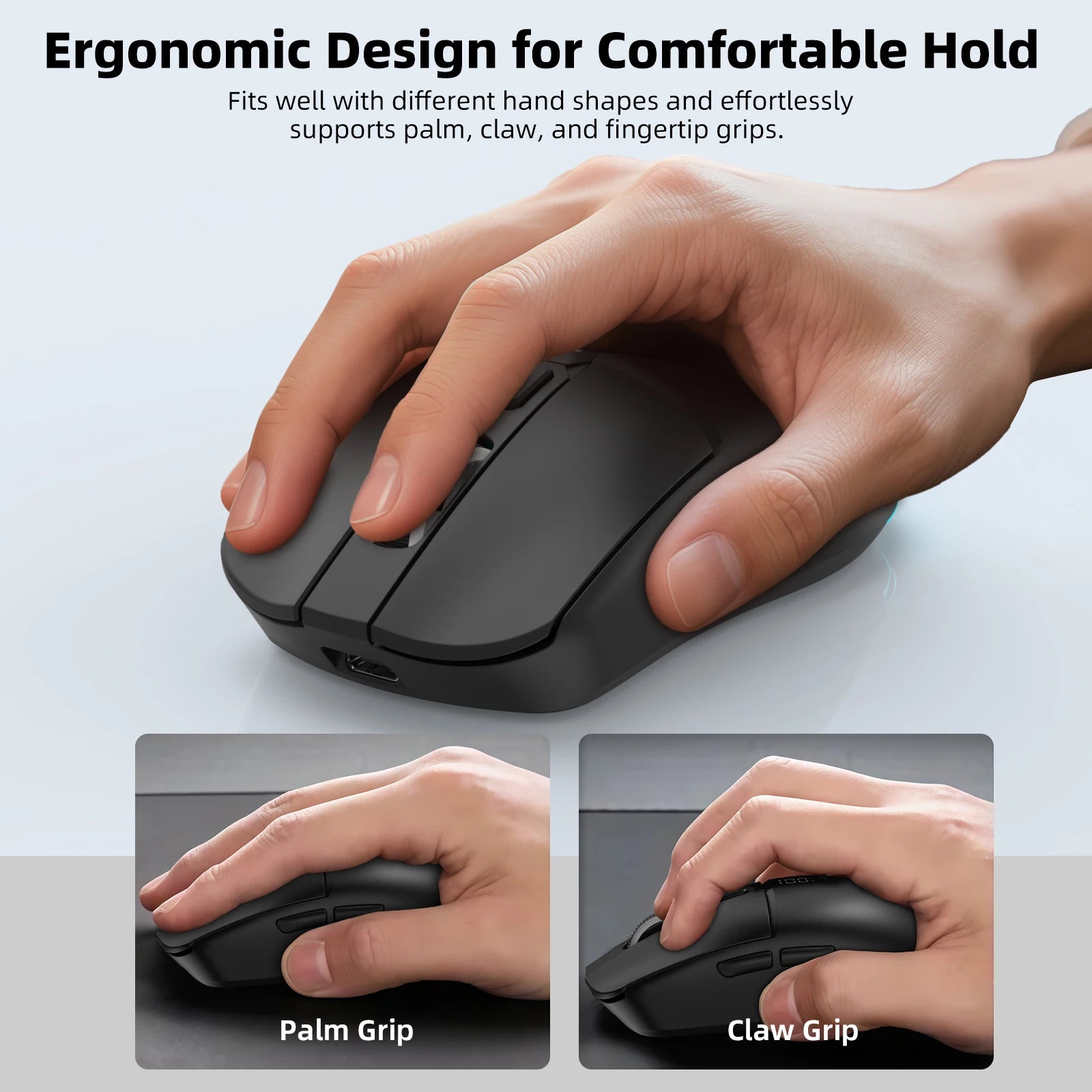 Ergonomic mouse with text highlighting its design for comfortable holds
