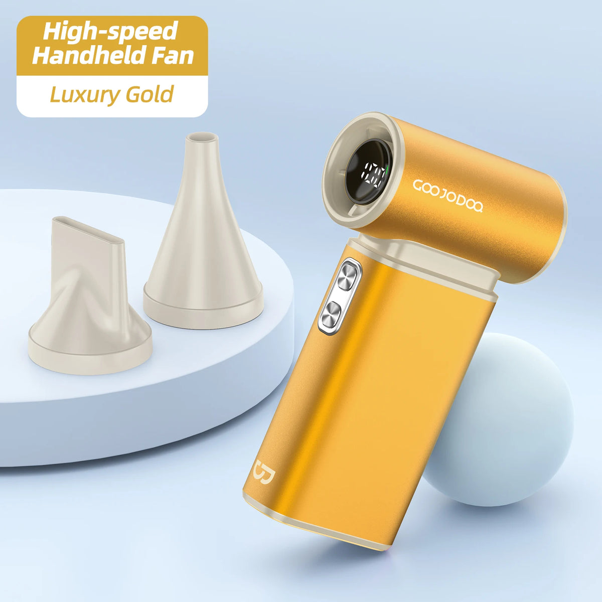 Gold handheld fan with 'GOOZODOO' branding on a light blue background