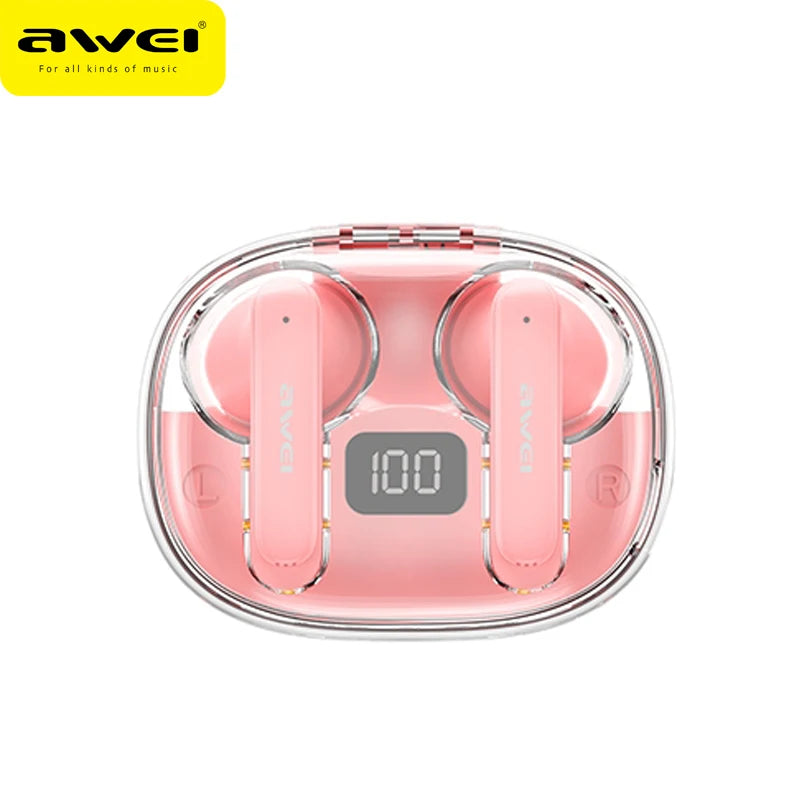 Pink wireless earbuds in a transparent case with AWEI logo above on white background