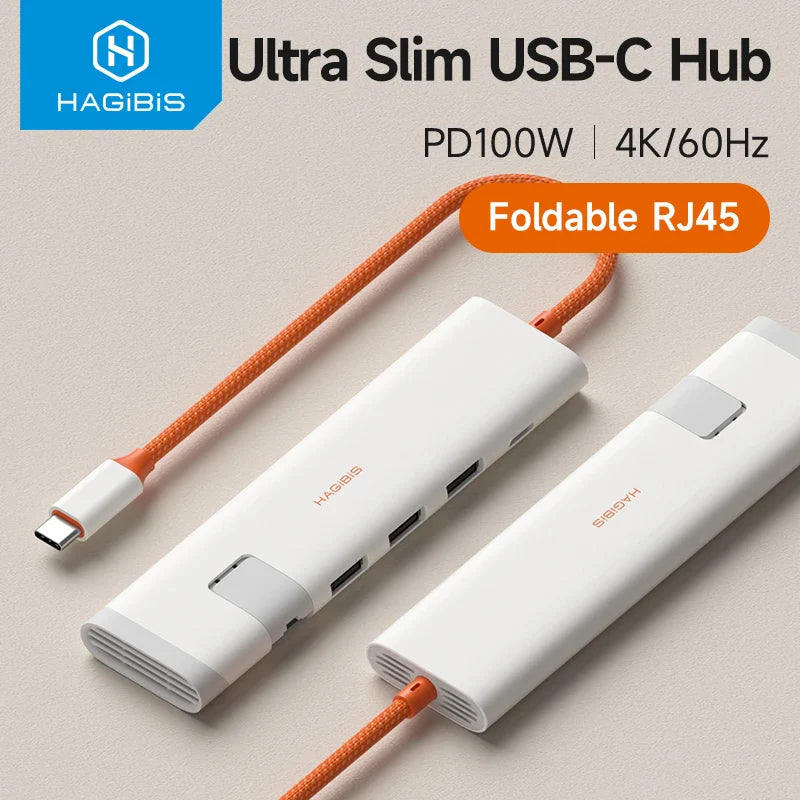 Ultra Slim USB-C Hub with orange cable on a beige background, featuring the Hagibis brand.