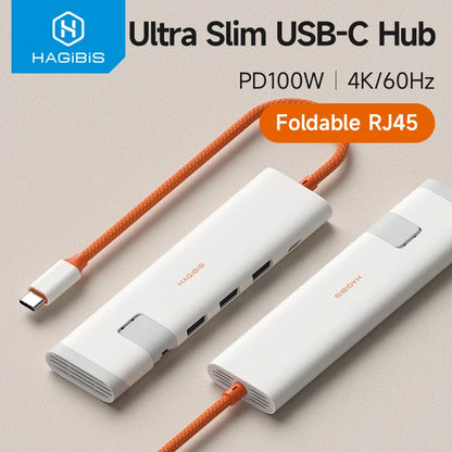 Ultra Slim USB-C Hub with orange cable on a beige background, featuring the Hagibis brand.