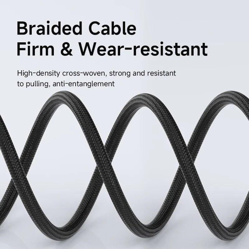 Braided cable with text highlighting its firmness, wear-resistance, and features on a light gray background.
