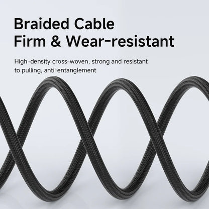 Braided cable with text highlighting its firmness, wear-resistance, and features on a light gray background.