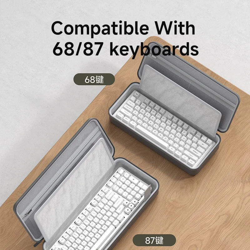 Two keyboard cases on a wooden surface with text indicating compatibility for 68/87 key keyboards.