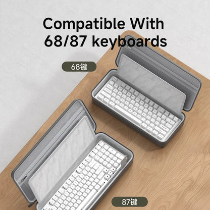 Two keyboard cases on a wooden surface with text indicating compatibility for 68/87 key keyboards.