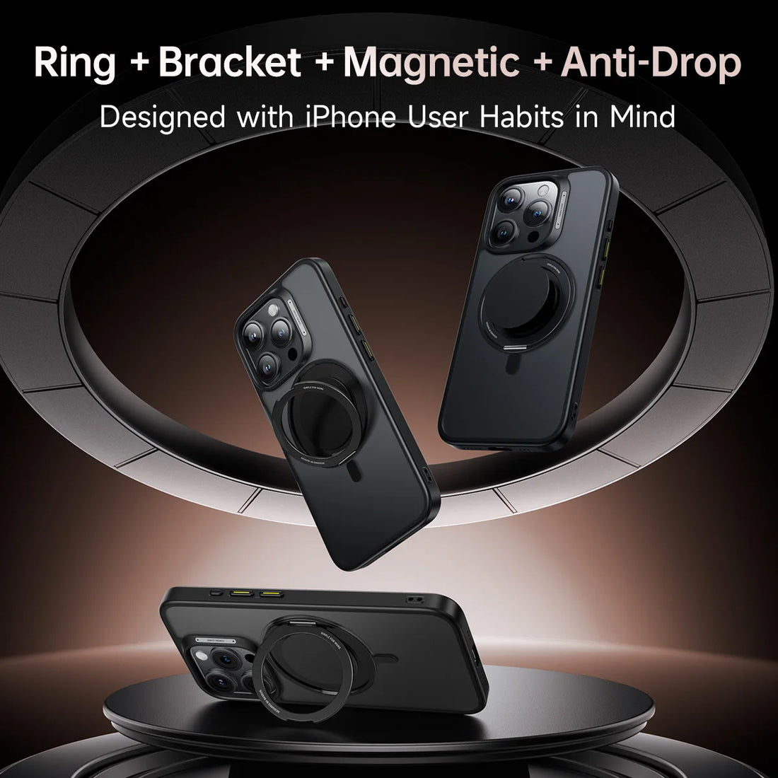 Black phone case with ring, bracket, magnetic, and anti-drop features on a dark background