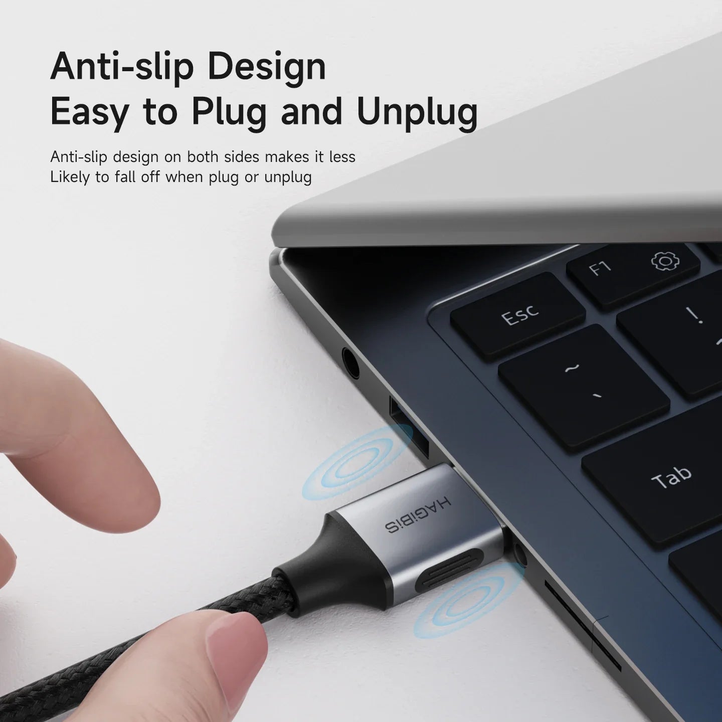 Hand plugging a USB-C cable into a laptop with text about anti-slip design and ease of use.