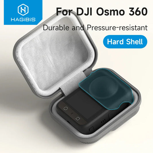 Hard shell case for DJI Osmo 360 with HAGIBIS branding on a light gray background