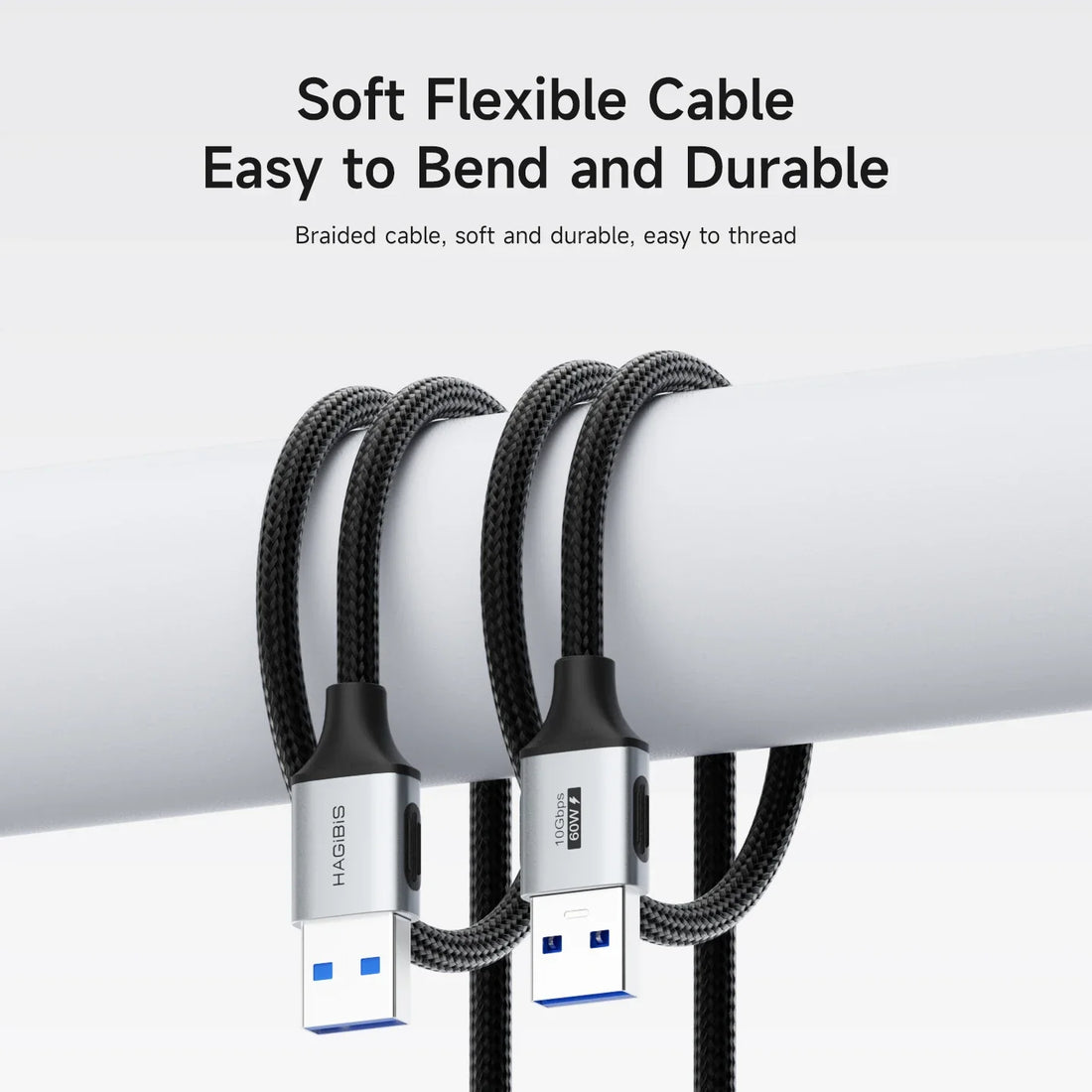 Three braided cables with USB connectors on a white background, featuring text about the cable's properties.