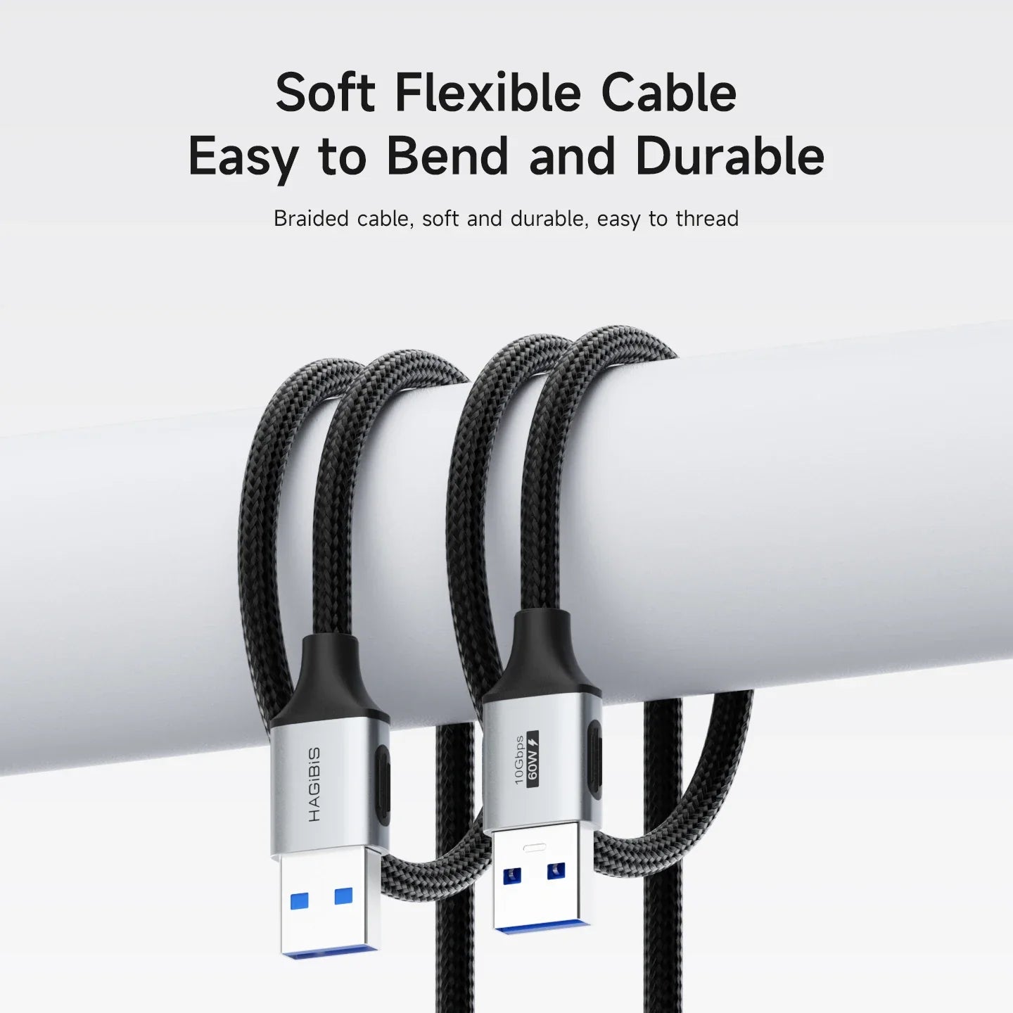 Three braided cables with USB connectors on a white background, featuring text about the cable's properties.