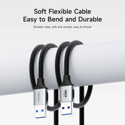 Three braided cables with USB connectors on a white background, featuring text about the cable's properties.