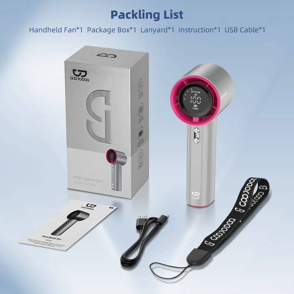 A collection of high-speed portable handheld fans in various colors displayed in an array, showcasing the design and color variety.