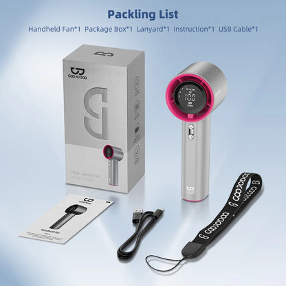 A collection of high-speed portable handheld fans in various colors displayed in an array, showcasing the design and color variety.
