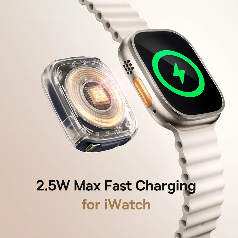 Smartwatch with charging case on a beige background, highlighting 2.5W fast charging feature.