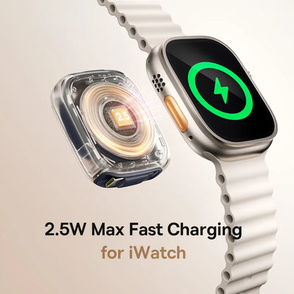 Smartwatch with charging case on a beige background, highlighting 2.5W fast charging feature.