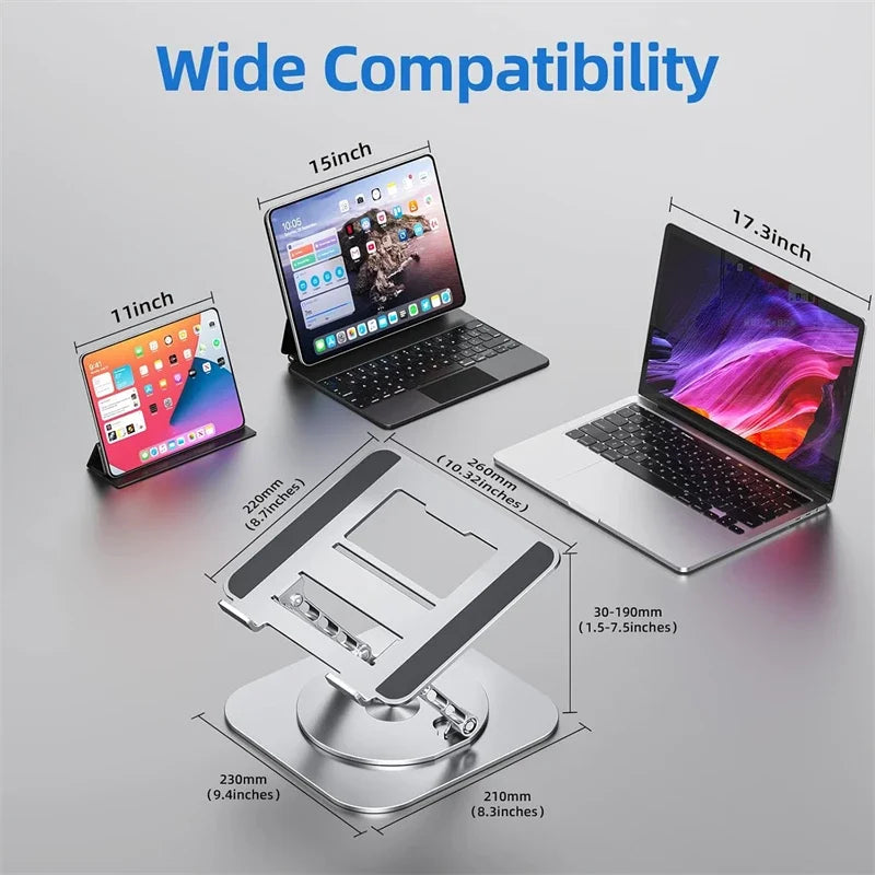 Tablet, laptop, and keyboard on a stand with compatibility dimensions displayed.