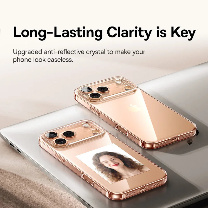 Rose gold phone case with clear back on a reflective surface, text 'Long-Lasting Clarity is Key'.