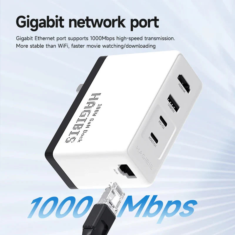 Gigabit network port with Ethernet cable on a light blue background