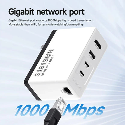 Gigabit network port with Ethernet cable on a light blue background