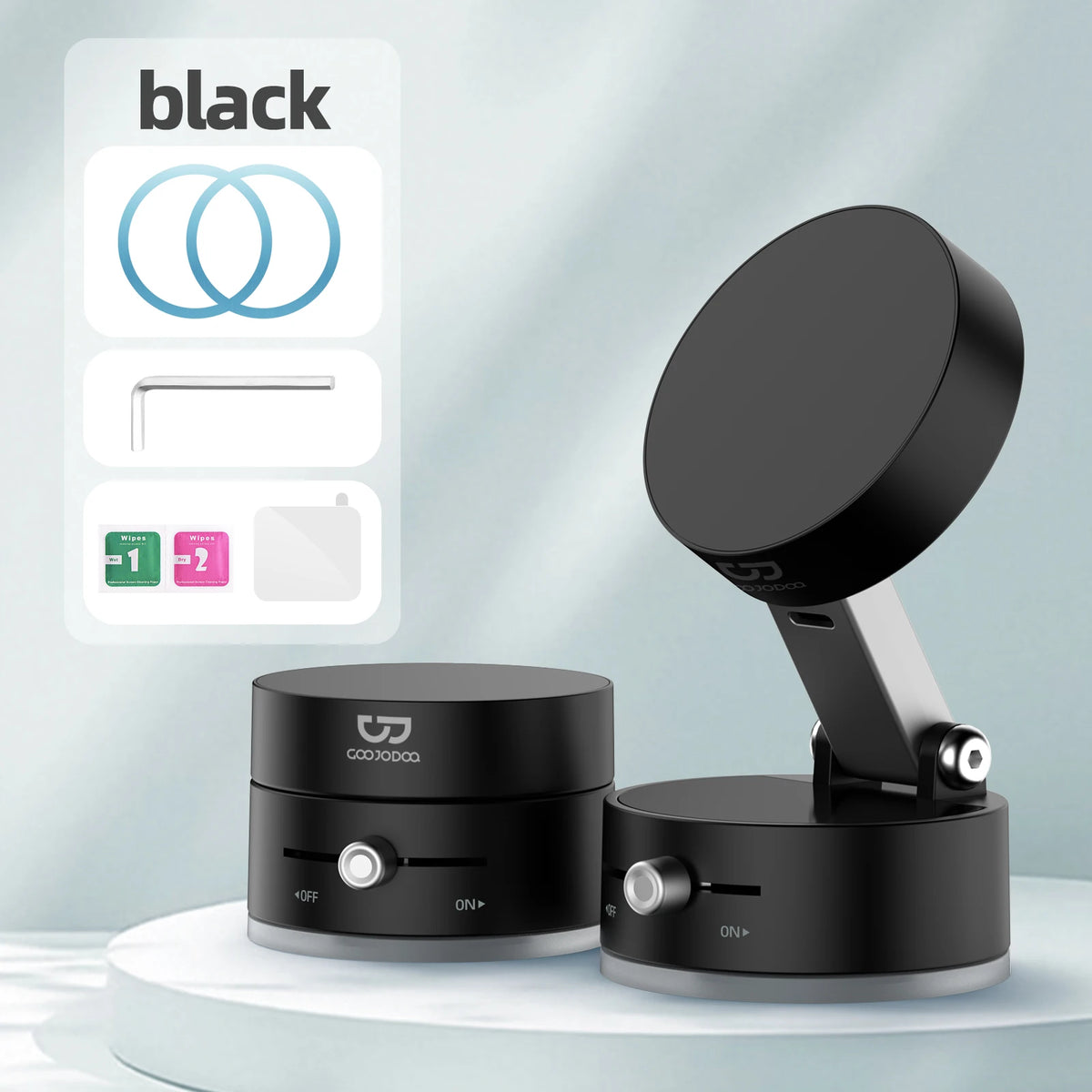 Black camera accessories on a white platform with a gray background