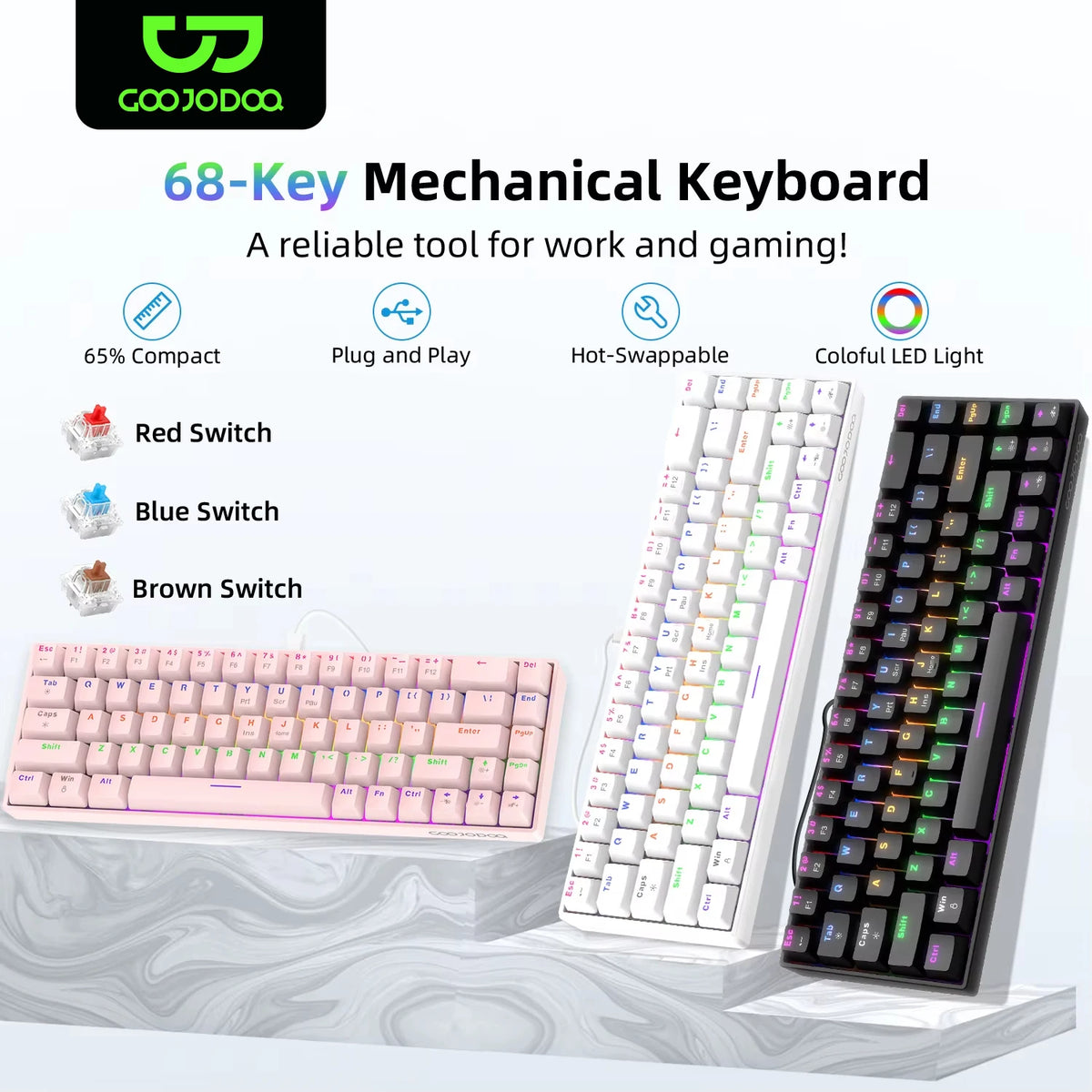GOOJODOO 68-key mechanical keyboard with different switch options on a white background