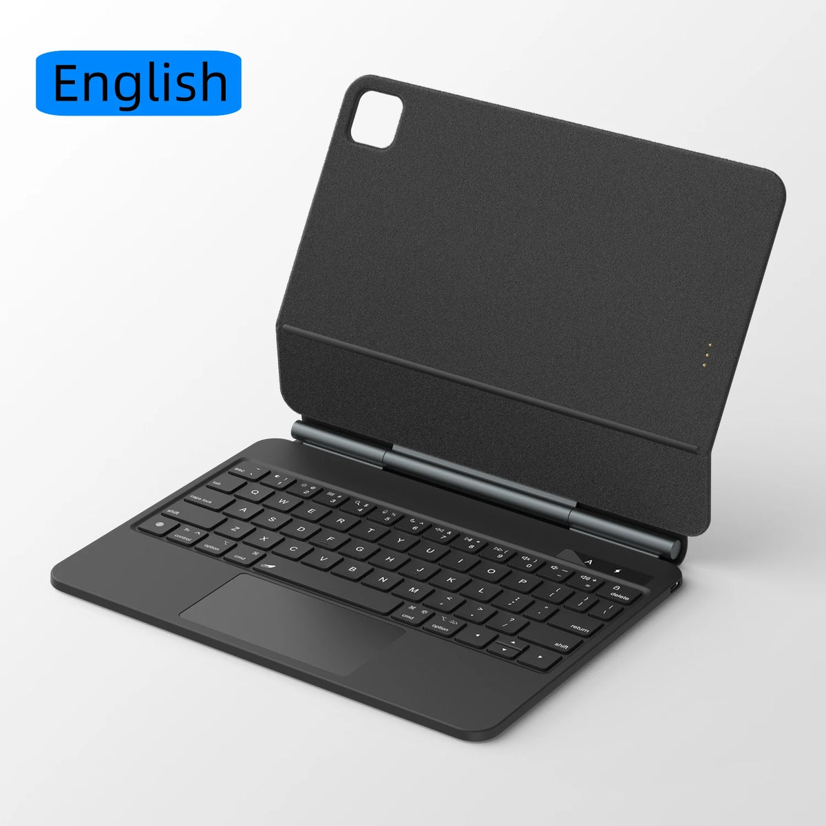 Black keyboard case with English text on a white background