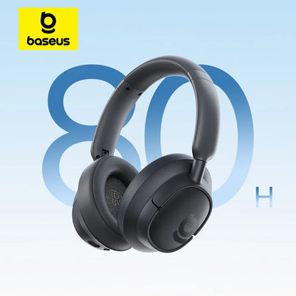 Black headphones with Baseus logo on a light blue background