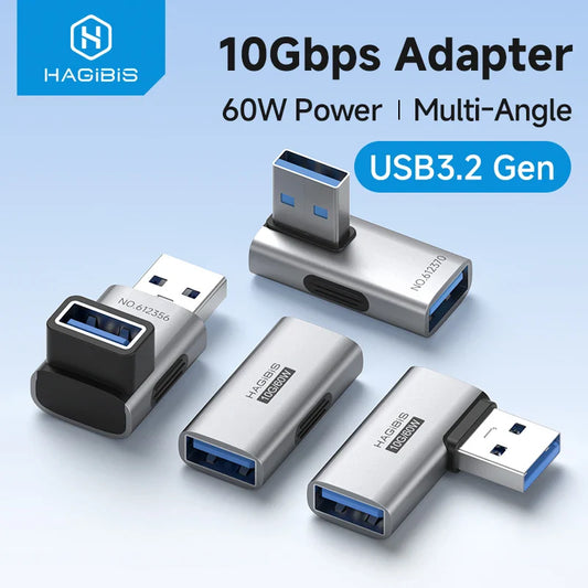Hagibis USB3.2 Gen adapter with multiple angles on a light blue background