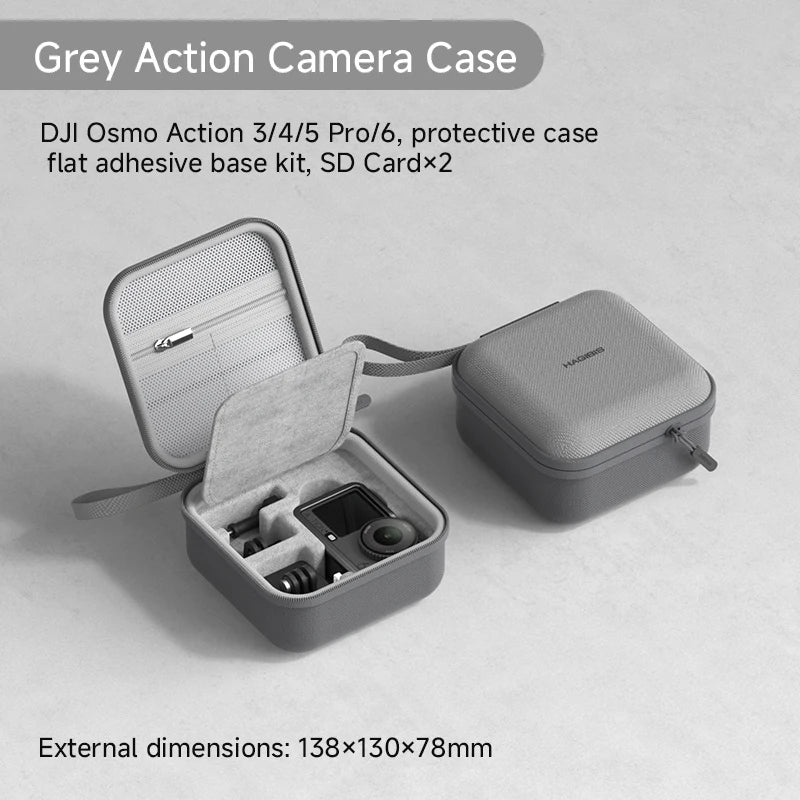 Gray action camera case with open lid showing included items on a light gray background