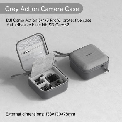 Gray action camera case with open lid showing included items on a light gray background