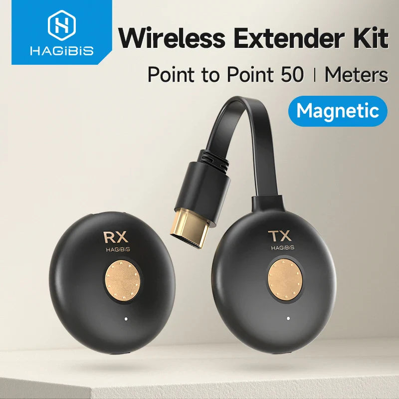 A black wireless extender kit with magnetic connectors, labeled with '50 meters' and 'Magnetic' on the wirelessly connected pair of earbuds.