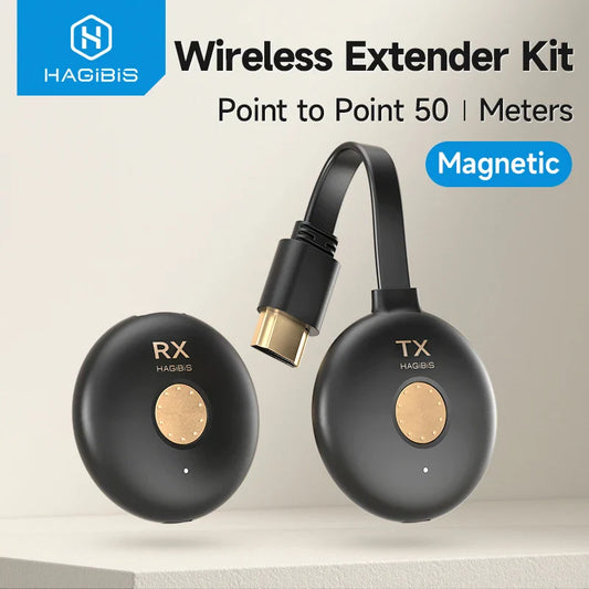A black wireless extender kit with magnetic connectors, labeled with '50 meters' and 'Magnetic' on the wirelessly connected pair of earbuds.