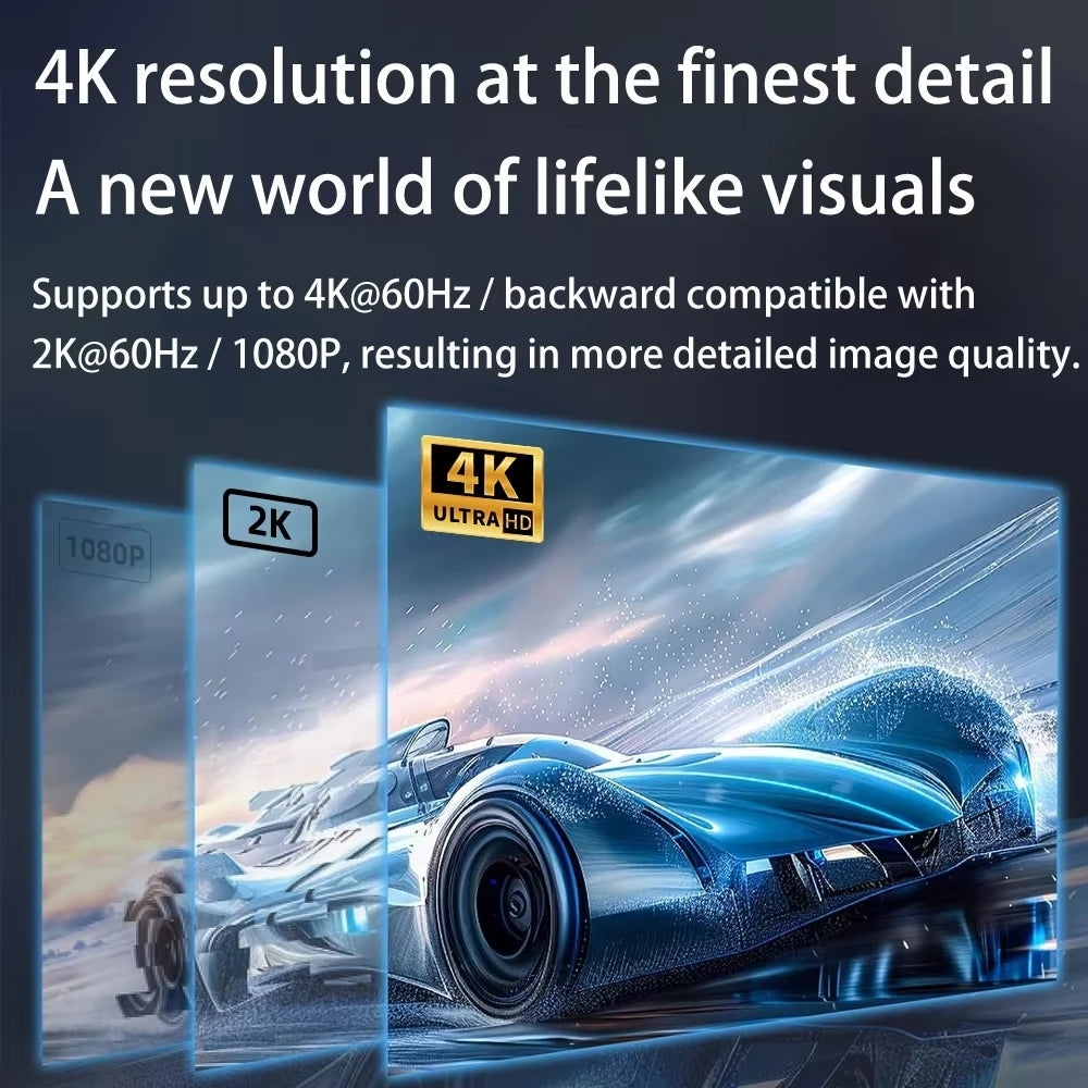 Promotional graphic for a 4K Ultra HD display or gaming monitor, featuring text highlighting 4K resolution and lifelike visuals, with three angled screen mockups showing futuristic racing car artwork.