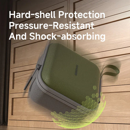 Green and gray hard-shell protective case on a wooden surface with text highlighting features.