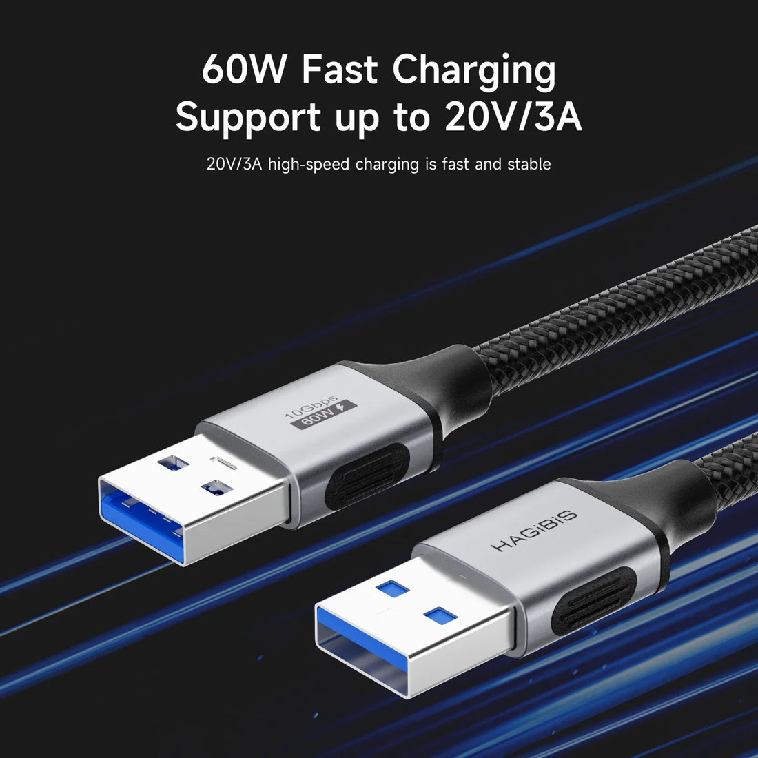 USB charging cable with text on a black background