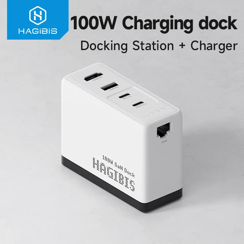 100W charging dock with multiple ports on a gray background, featuring the HAGIBIS brand.