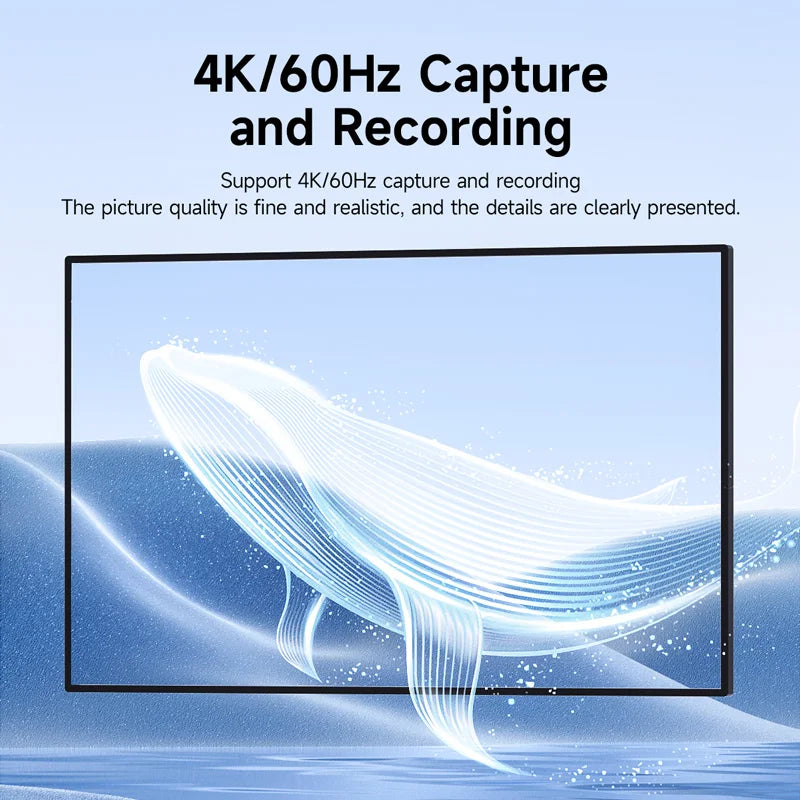 Television screen displaying a whale illustration with text about 4K/60Hz capture and recording.