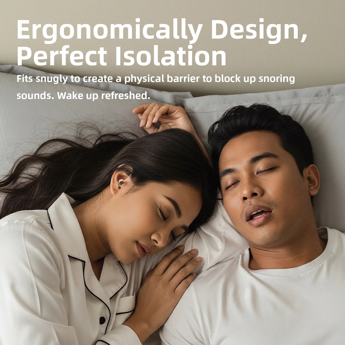 Couple lying in bed with text about ergonomic design and snoring solution.